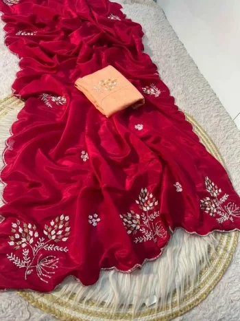 DESIGNER SILK HANDWORK CUT DANA WORK CUT BORDER WORK SAREE WITH UNSTITCHED BLOUSE RANI