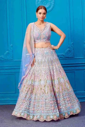 DESIGNER SOFT NET EMBROIDERY CHAIN STITCHED WITH REAL MIRROR HAND WORK LEHENGA CHOLI WITH DUPATTA  MULTI