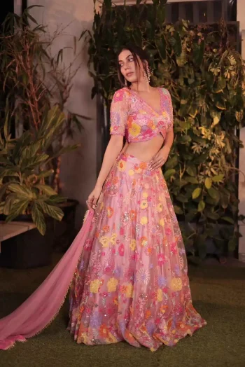 DESIGNER SOFT NET EMBROIDERY SEQUENCE WORK LEHENGA CHOLI WITH DUPATTA PINK