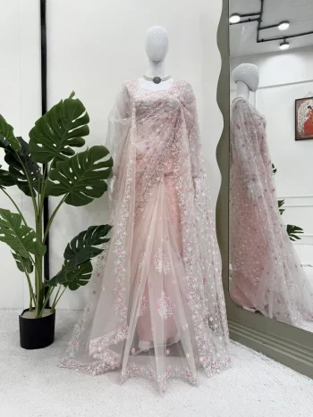 DESIGNER SOFT NET THREAD WITH SEQUENCE WORK SAREE WITH UNSTITCHED BLOUSE AND DUPATTA BABY PINK