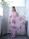 DESIGNER TABBY ORGANZA FLORAL PRINT WITH CUT DANA ARCO HANDWORK SAREE WITH UNSTITCHED BLOUSE PINK