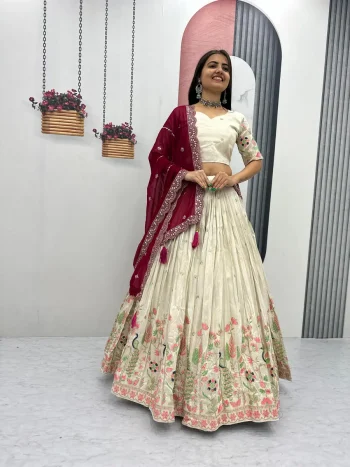 DESIGNER TISSUE SILK THREAD AND SEQUENCE WORK LEHENGA CHOLI WITH DUPATTA MAROON