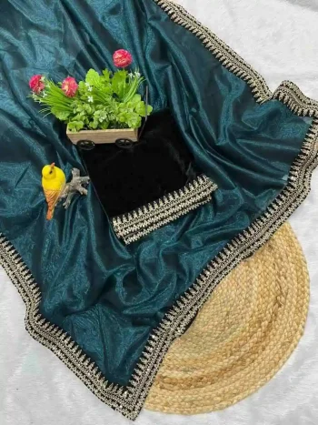 DESIGNER TWILL NET SEQUENCE WITH JARI DORI EMBROIDERY WORK VELVET LACE BORDER WORK SAREE WITH UNSTITCHED BLOUSE TEAL