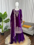 DESIGNER VELVET CODING SEQUENCE WORK AND MOTI WORK TOP PALAZZO WITH DUPATTA PURPLE