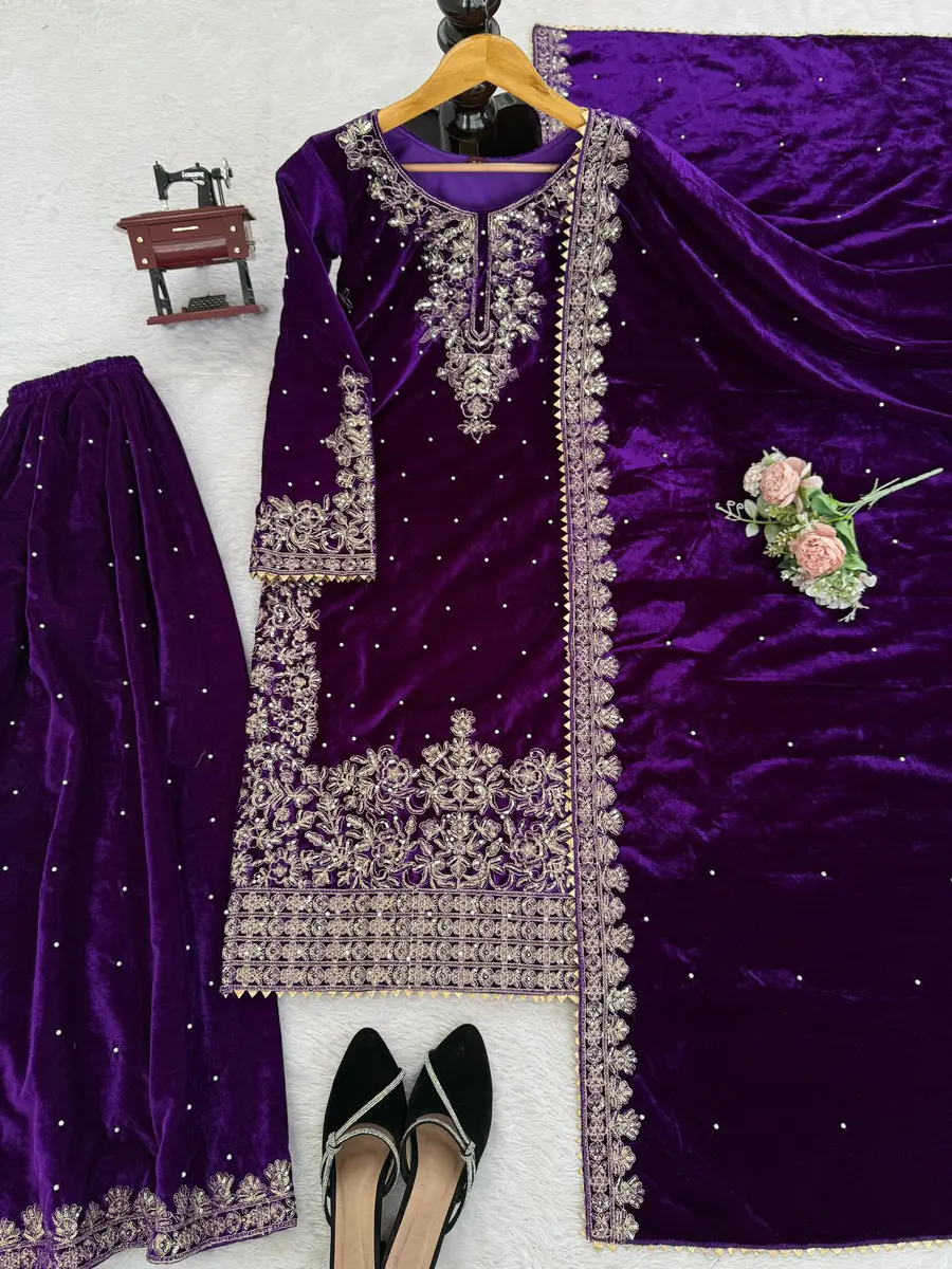 DESIGNER VELVET CODING SEQUENCE WORK AND MOTI WORK TOP PALAZZO WITH DUPATTA FESTIVE WEAR WHOLESALE PRICE ETHNIC GARMENT (6)