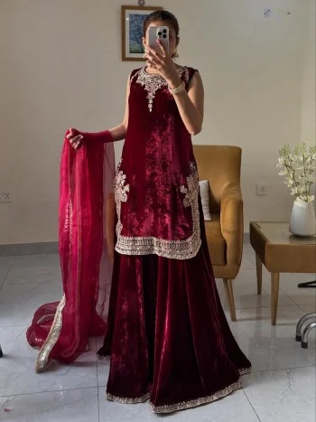 DESIGNER VELVET EMBROIDERY CHAIN SEQUENCE WORK TOP PALAZZO WITH DUPATTA MAROON