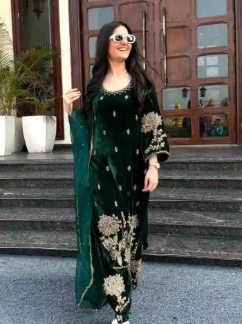 DESIGNER VELVET EMBROIDERY CODING SEQUENCE WORK TOP BOTTOM WITH DUPATTA GREEN