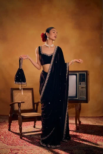 DESIGNER VELVET EMBROIDERY LACE BORDER WORK SAREE WITH STITCHED BLOUSE BLACK