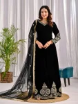 DESIGNER VELVET EMBROIDERY MULTI SEQUENCE WORK GOWN BOTTOM WITH DUPATTA BLACK
