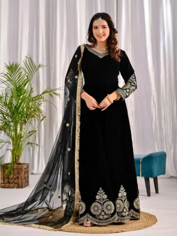 DESIGNER VELVET EMBROIDERY MULTI SEQUENCE WORK GOWN BOTTOM WITH DUPATTA BLACK