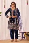 DESIGNER VELVET EMBROIDERY SEQUENCE WORK TOP BOTTOM WITH DUPATTA NAVY BLUE