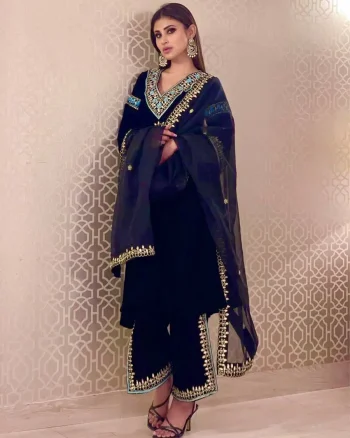 DESIGNER VELVET EMBROIDERY SEQUENCE WORK TOP PALAZZO WITH DUPATTA NAVY BLUE