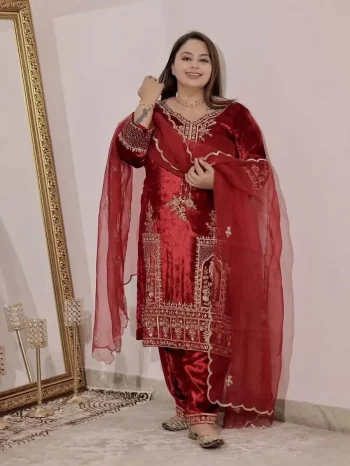DESIGNER VELVET EMBROIDERY SEQUENCE WORK TOP PATIYALA WITH DUPATTA MAROON
