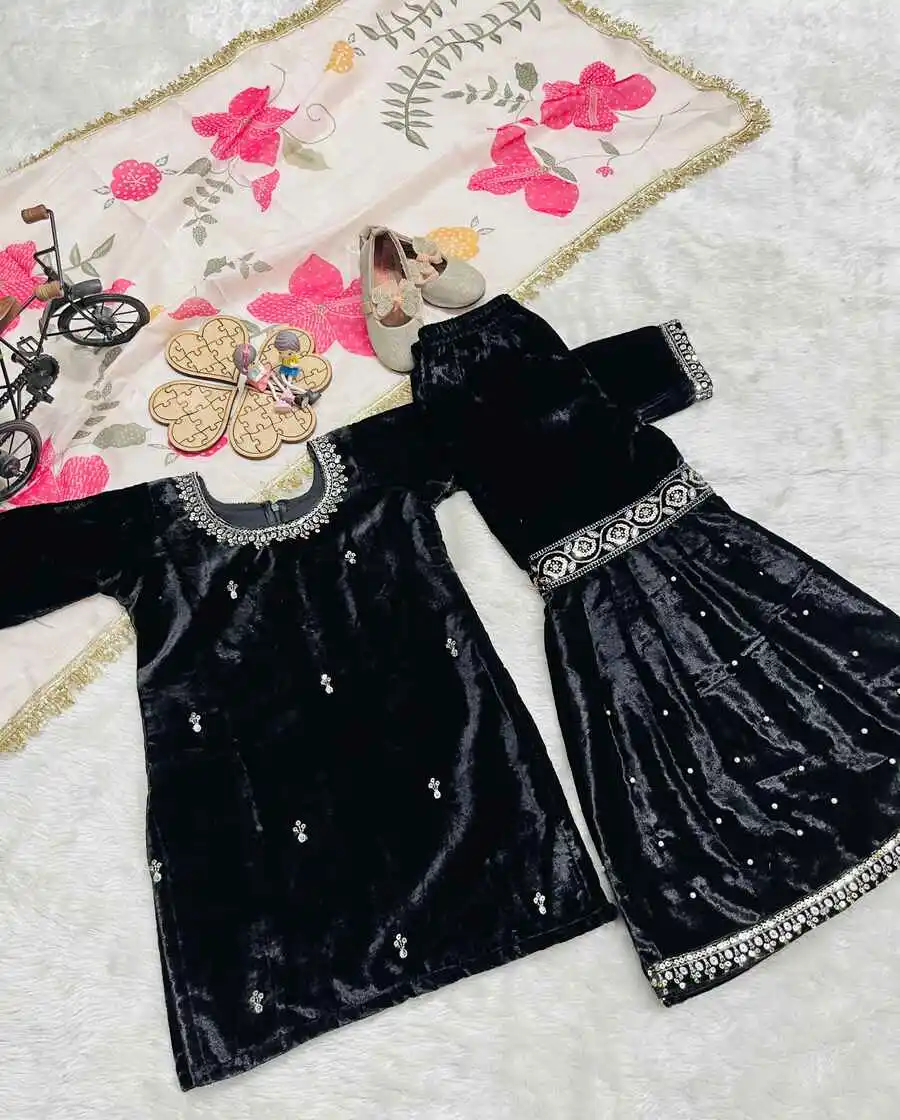 DESIGNER VELVET EMBROIDERY SEQUENCE WORK TOP SHARARA WITH DUPATTA FESTIVE WEAR WHOLESALE PRICE ETHNIC GARMENT (5)