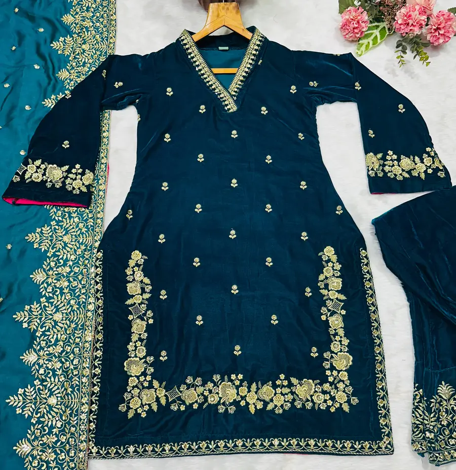 DESIGNER VELVET EMBROIDERY WORK TOP BOTTOM DUPATTA SET FESTIVE WEAR WHOLESALE PRICE ETHNIC GARMENT (1)