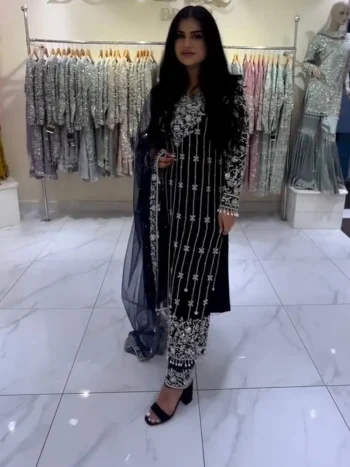 DESIGNER VELVET SEQUENCE WORK WITH RIVET  MOTI WORK AND HANGING LACE WORK TOP BOTTOM WITH DUPATTA BLUE