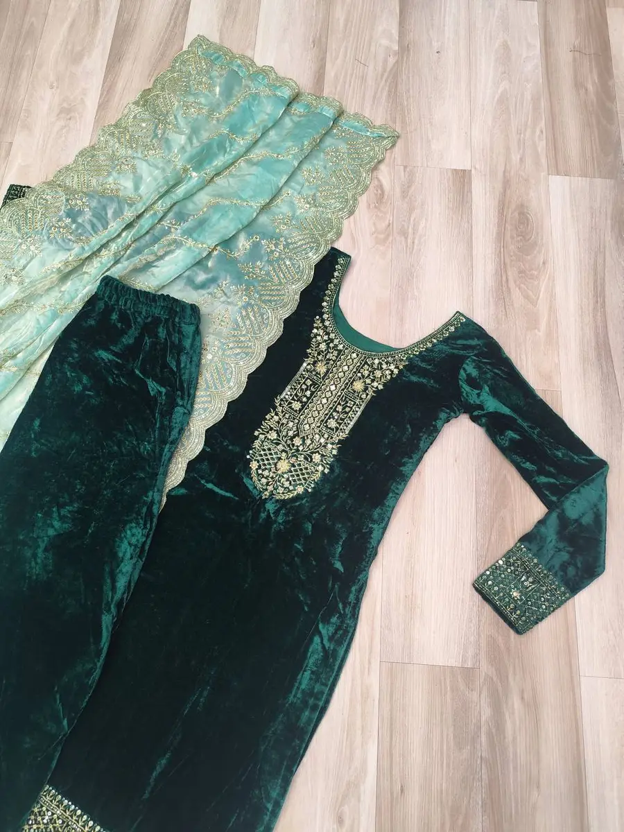 DESIGNER VELVET SEQUENCE & ZARI EMBROIDERY WORK TOP BOTTOM WITH DUPATTA FESTIVE WEAR WHOLESALE PRICE ETHNIC GARMENT (1)