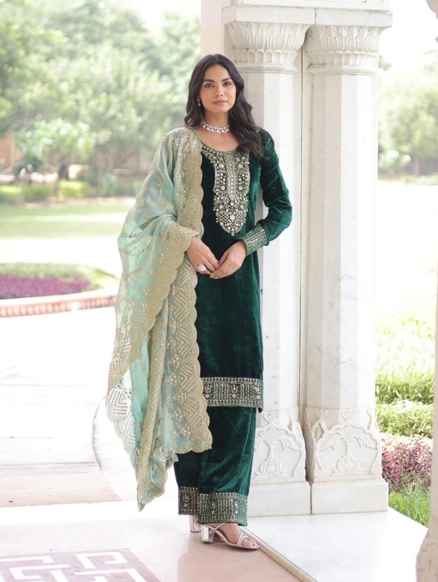 DESIGNER VELVET SEQUENCE & ZARI EMBROIDERY WORK TOP BOTTOM WITH DUPATTA FESTIVE WEAR WHOLESALE PRICE ETHNIC GARMENT (17)