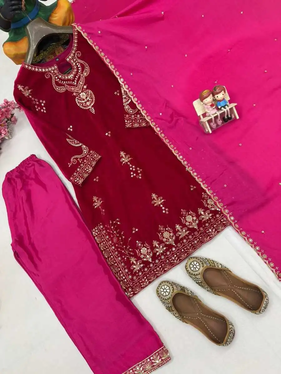 DESIGNER VELVET SEQUENCE & ZARI EMBROIDERY WORK TOP PALAZZO WITH DUPATTA WEDDING WEAR WHOLESALE PRICE ETHNIC GARMENT (1)