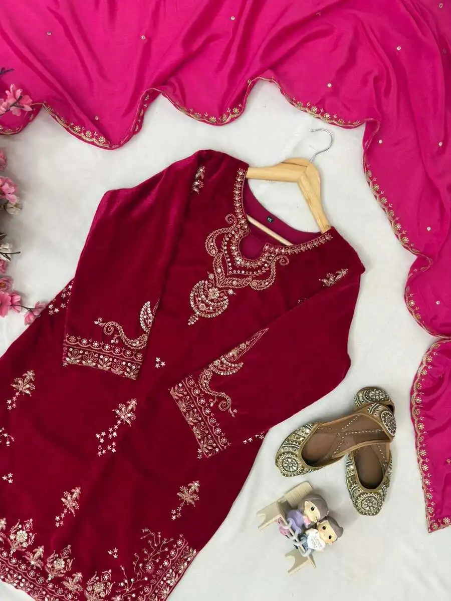 DESIGNER VELVET SEQUENCE & ZARI EMBROIDERY WORK TOP PALAZZO WITH DUPATTA WEDDING WEAR WHOLESALE PRICE ETHNIC GARMENT (15)