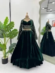 DESIGNER VELVET THREAD WITH SEQUENCE WORK LEHENGA CHOLI GREEN