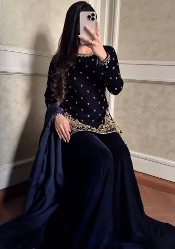 DESIGNER VELVET THREAD WITH SEQUENCE WORK TOP PALAZZO WITH DUPATTA NAVY BLUE