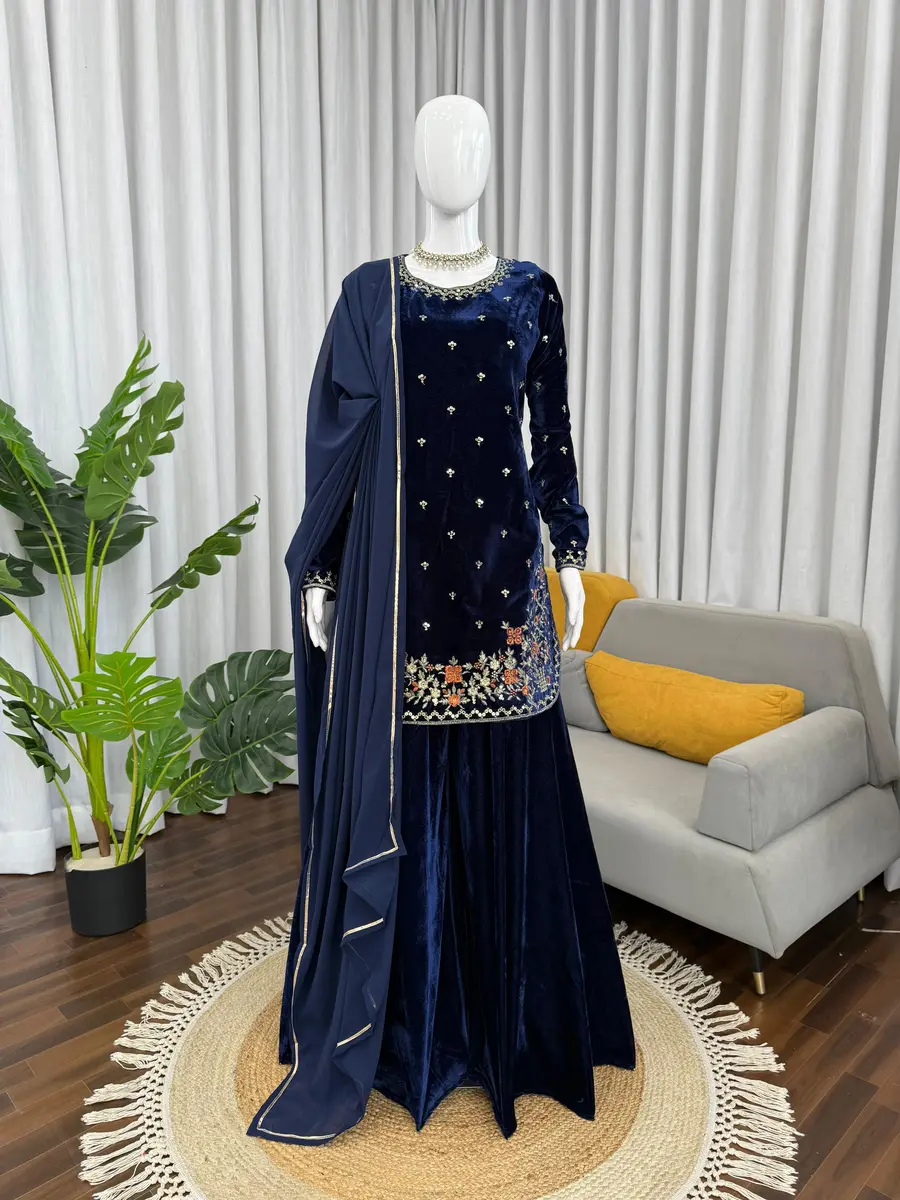 DESIGNER VELVET THREAD WITH SEQUENCE WORK TOP PALAZZO WITH DUPATTA WEDDING WEAR WHOLESALE PRICE ETHNIC GARMENT (5)