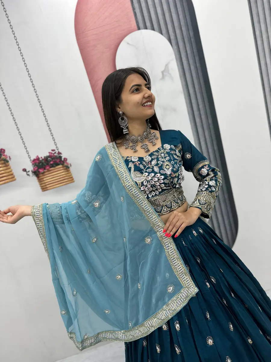 DESIGNER VICHITRA SILK EMBROIDERY THREAD & SEQUENCE WORK LEHENGA CHOLI WITH DUPATTA WEDDING WEAR WHOLESALE PRICE ETHNIC GARMENT (10)