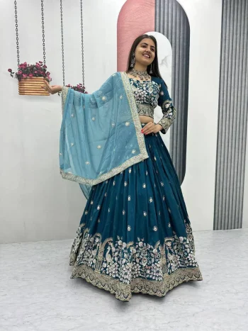 DESIGNER VICHITRA SILK EMBROIDERY THREAD & SEQUENCE WORK LEHENGA CHOLI WITH DUPATTA TEAL