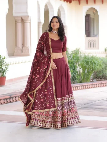 DESIGNER VICHITRA SILK SEQUENCE & THREAD EMBROIDERED WORK LEHENGA CHOLI WITH DUPATTA MAROON