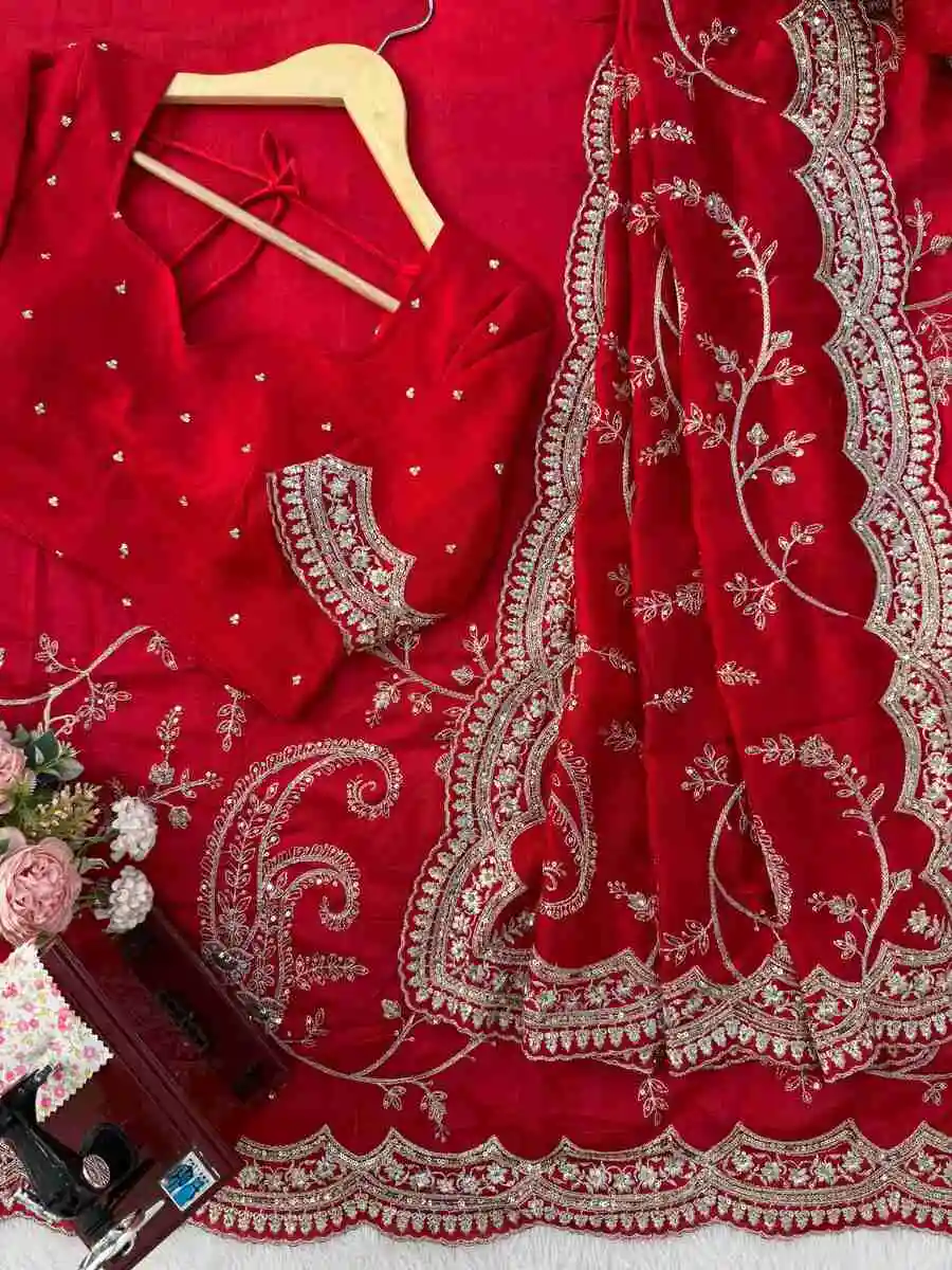 DESIGNER VICHITRA SILK SEQUNCE WITH THRED WORK SAREE WITH UNSTITCHED BLOUSE WEDDING WEAR WHOLESALE PRICE ETHNIC GARMENT (1)