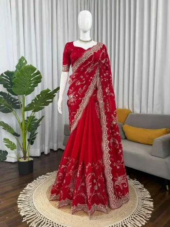 DESIGNER VICHITRA SILK SEQUNCE WITH THRED WORK SAREE WITH UNSTITCHED BLOUSE RED