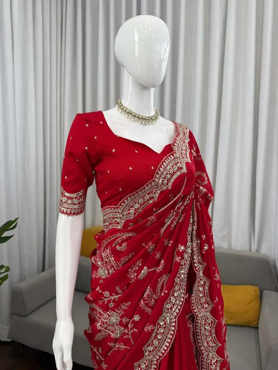 DESIGNER VICHITRA SILK SEQUNCE WITH THRED WORK SAREE WITH UNSTITCHED BLOUSE WEDDING WEAR WHOLESALE PRICE ETHNIC GARMENT (4)