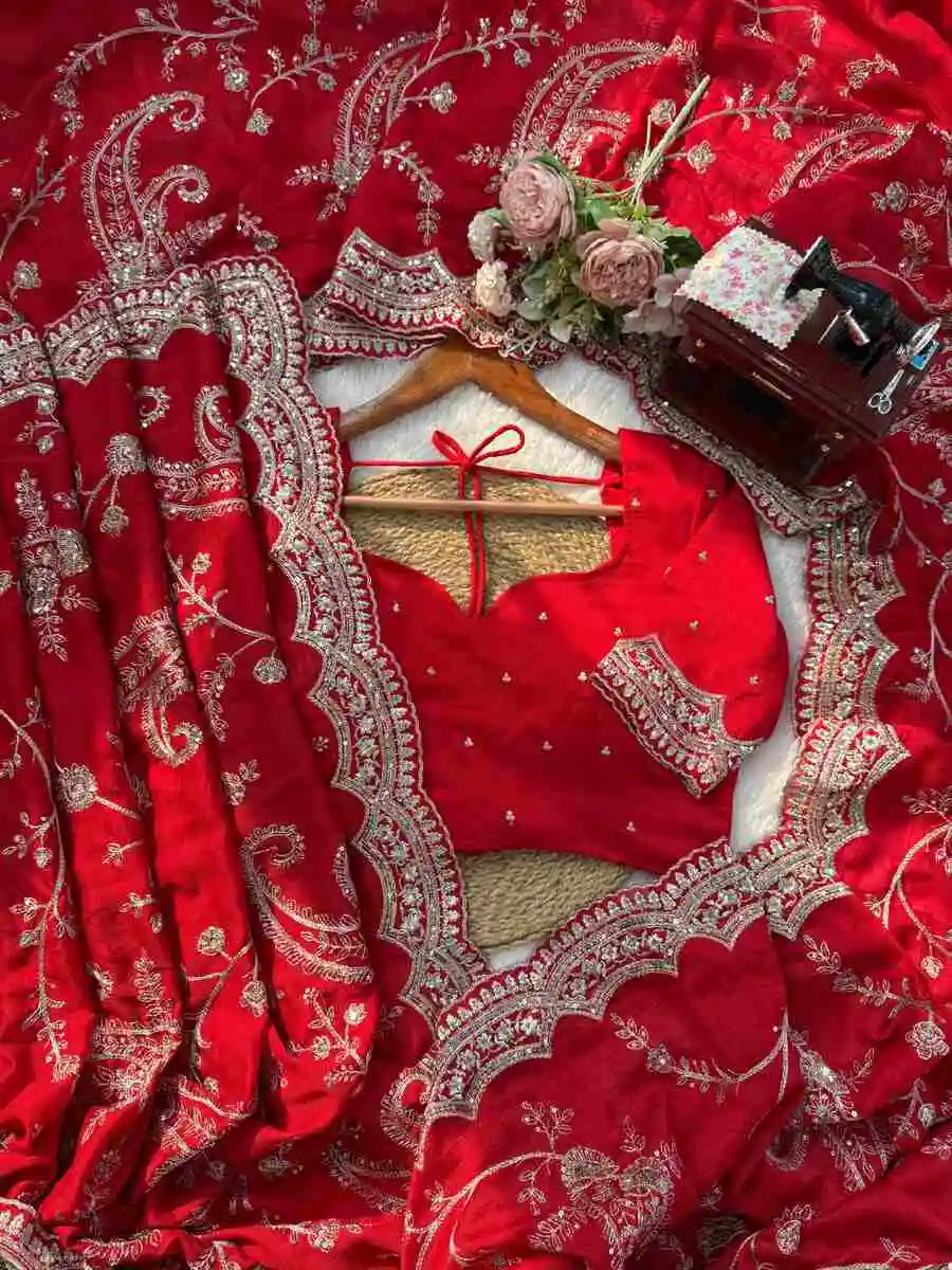 DESIGNER VICHITRA SILK SEQUNCE WITH THRED WORK SAREE WITH UNSTITCHED BLOUSE WEDDING WEAR WHOLESALE PRICE ETHNIC GARMENT (7)