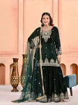 DESIGNER VISCOSE VELVET CODING EMBROIDERY MULTI NEEDLE SEQUENCE WORK TOP PALAZZO WITH DUPATTA GREEN