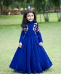 DESIGNER VISCOSE VELVET EMBROIDERY SEQUENCE WORK KID'S GOWN BLUE