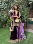 DESIGNER VISCOSE VELVET SEQUENCE & ZARI EMBROIDERY WORK TOP PALAZZO WITH DUPATTA PURPLE
