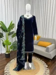 DESIGNER VISXOSE VELVET THREAD WITH SEQUENCE WITH FANCY LACE WORK TOP BOTTOM WITH DUPATTA NAVY BLUE