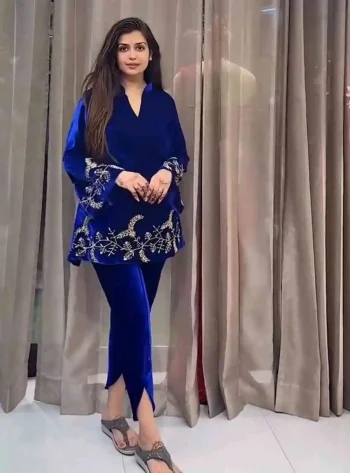 FANCY 9000 VELVET EMBROIDERY WORK CO-ORD SET  BLUE