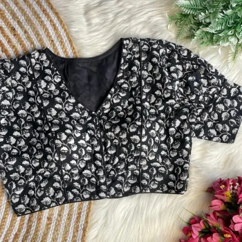 FANCY AJRAKH COTTON PRINT WORK STITCHED BLOUSE BLACK