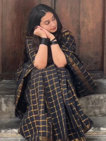 FANCY BANARASI LICHI SILK WEAVING & GOLDEN ZARI WITH PALLU & ZARI WOVEN BORDER WORK SAREE WITH UNSTITCHED BLOUSE BLACK