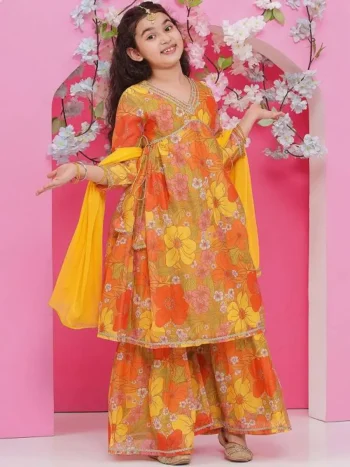 FANCY CHANDERI COTTON FLOWER PRINTED WITH LACE BORDER WORK KID'S TOP SHARARA WITH DUPATTA YELLOW