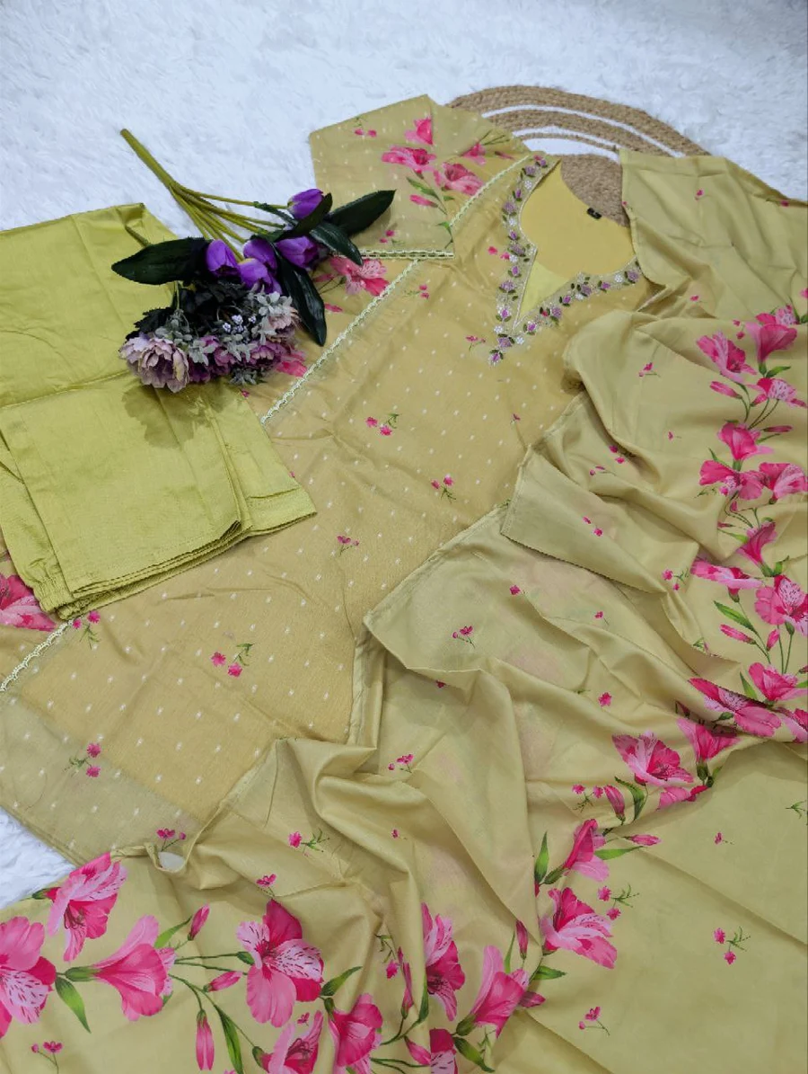 FANCY CHANDERI JACQUARD BUTTI WITH HEAVY SEQUENCE EMBROIDERY WORK TOP BOTTOM WITH DUPATTA OFFIVE WEAR WHOLESALE PRICE ETHNIC GARMENT (10)