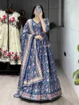 FANCY CHINON FLORAL PRINTED WORK GOWN WITH DUPATTA BLUE