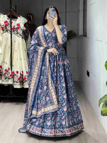FANCY CHINON FLORAL PRINTED WORK GOWN WITH DUPATTA BLUE
