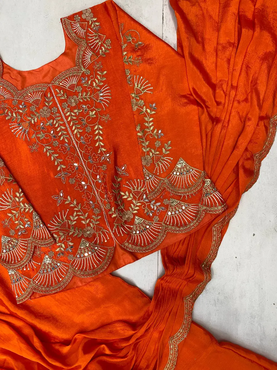 FANCY CHINON REAL MIRROR AND EMBROIDERY WORK LEHENGA SAREE WITH BLOUSE PARTY WEAR WHOLESALE PRICE ETHNIC GARMENT (1)