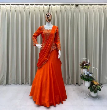 FANCY CHINON REAL MIRROR AND EMBROIDERY WORK LEHENGA SAREE WITH BLOUSE ORANGE
