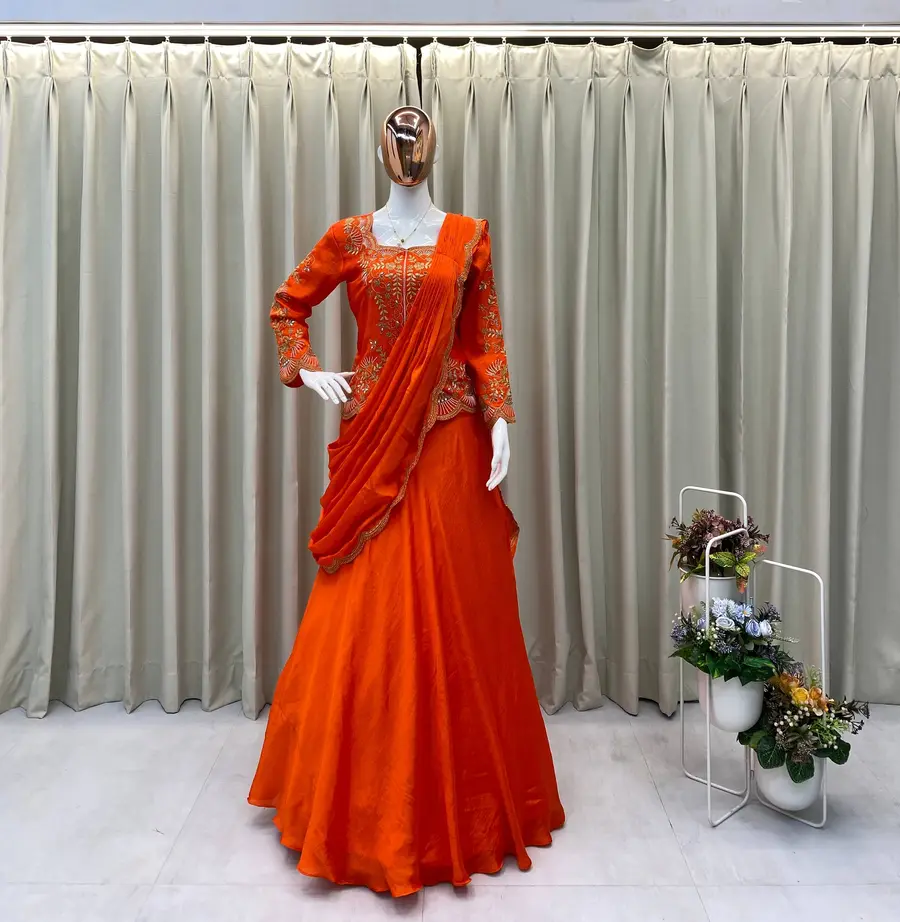 FANCY CHINON REAL MIRROR AND EMBROIDERY WORK LEHENGA SAREE WITH BLOUSE PARTY WEAR WHOLESALE PRICE ETHNIC GARMENT (5)