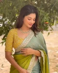 FANCY CHINON SEQUENCE AND DORI EMBROIDERY WITH MOTI AND REAL MIRRRO WORK SAREE WITH UNSTITCHED BLOUSE GREEN AND SKY
