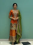 FANCY CHINON SILK EMBROIDERY ,SEQUENCE WORK AND DIGITAL PRINT WITH REAL MIRROR HAND WORK TOP PALAZZO WITH DUPATTA ORANGE